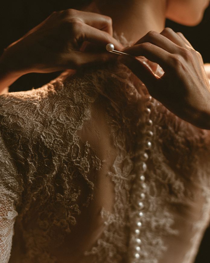 Imagen ilustrativa: manos colocan una horquilla de perla en un peinado de novia